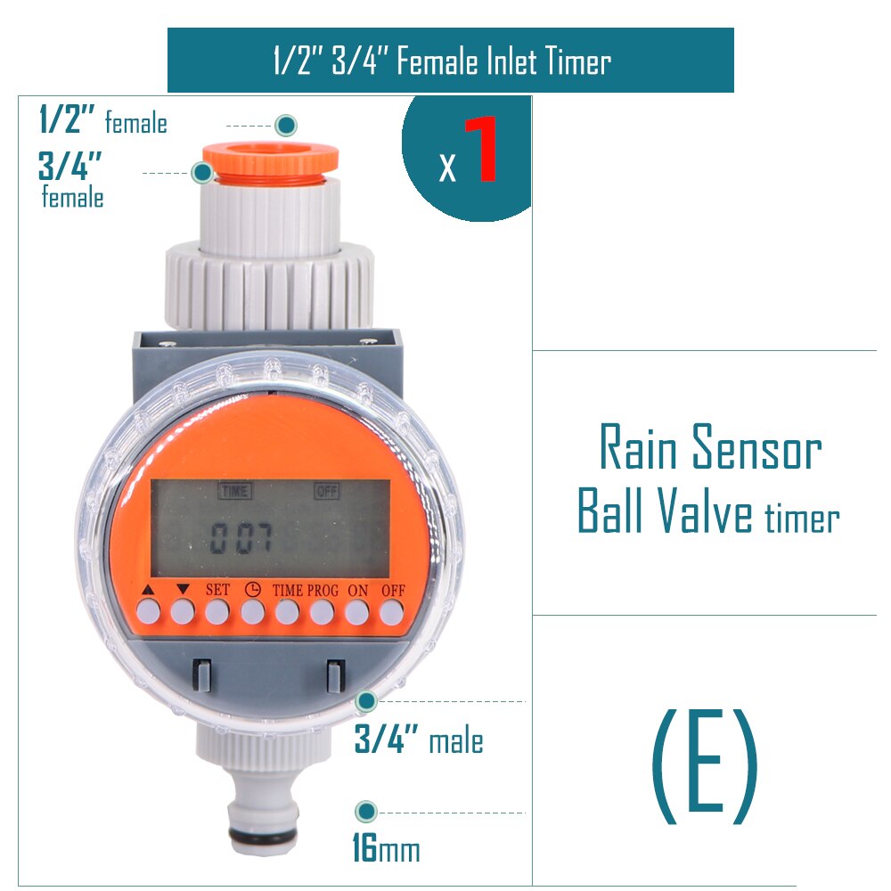 Garden Water Timer Rain Sensor Solar LCD Double Dial Controller Watering Irrigation 1/2'' 3/4'' Tap Joint Solenoid / Ball Valve: E-1PC