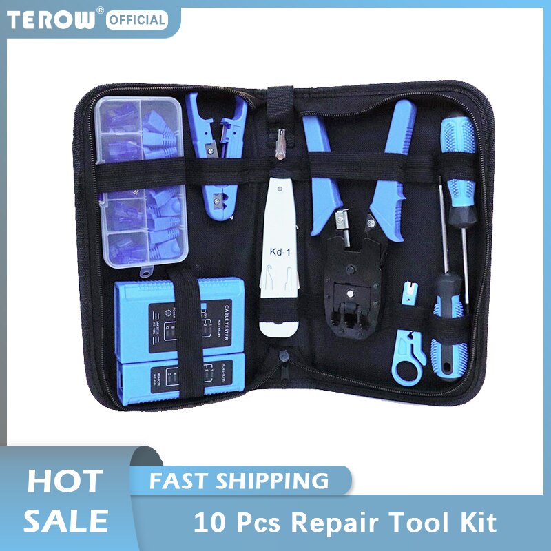 10 Pcs Network Repair Tool Kit/Sets Network Cable Tester Wire Stripper Slotted/Cross Screwdriver Thread Cutter Pliers Tool Bag