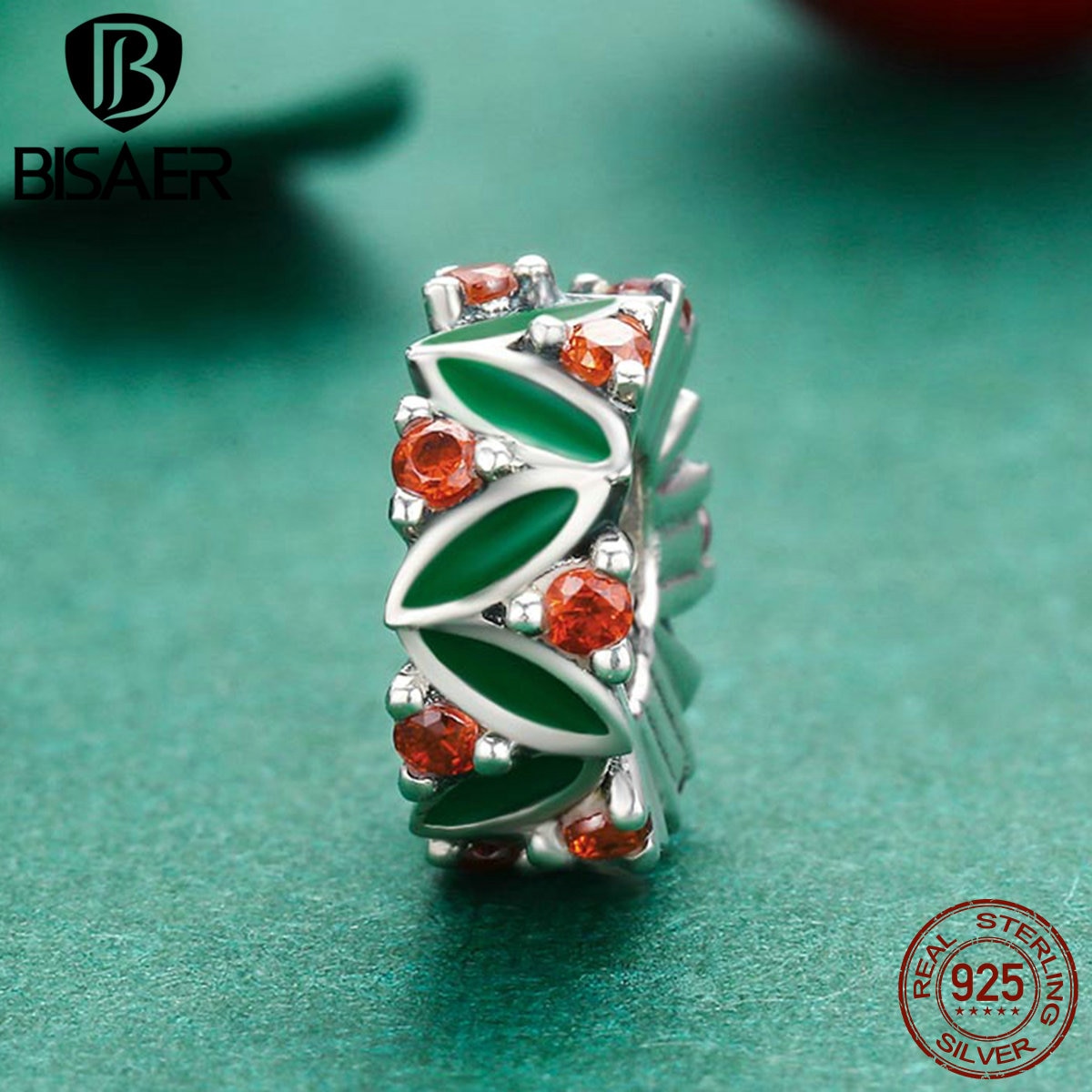 925 Sterling Silver Christmas Tree Spacer Beads Green Flower Charms Fit BISAER Bracelets Sterling Silver Jewelry ECC317
