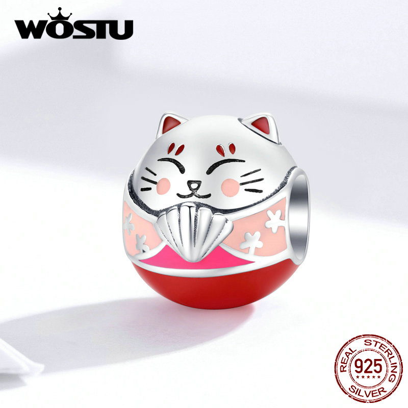 WOSTU 925 Sterling Silver Fortune Cat Beads Pink Lucky Charm Fit Original Bracelet Pendant Fine Jewelry CQC1341