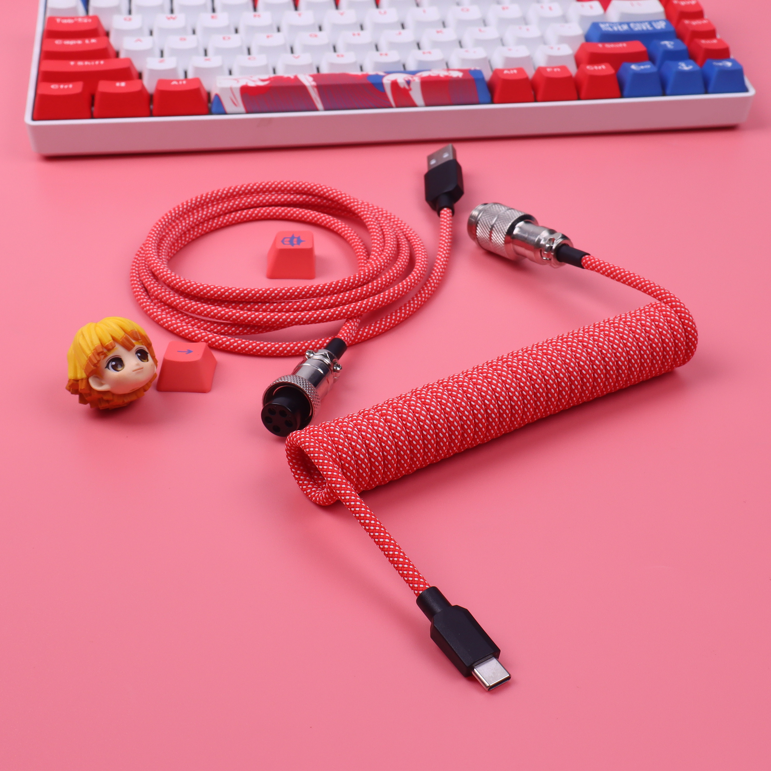 Lano 8 farvevalg macaron spiralkabel type-c til usb mekanisk tastatur data spiralkabel ledning med  gx16 luftfart: Rød