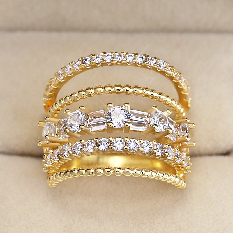Huitan trendy boheme stilfulde kvinder ringe flere lag med fuld mikro brolagt kvinder smykker guld farve tilgængelig ring