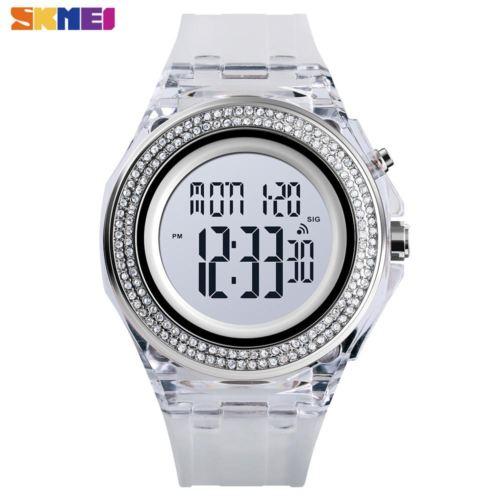 Skmei dreng pige teenager ure led digitalt armbåndsur mænd kvinder diamant gennemsigtig urkasse ur 2 tid reloj 1598: Hvid