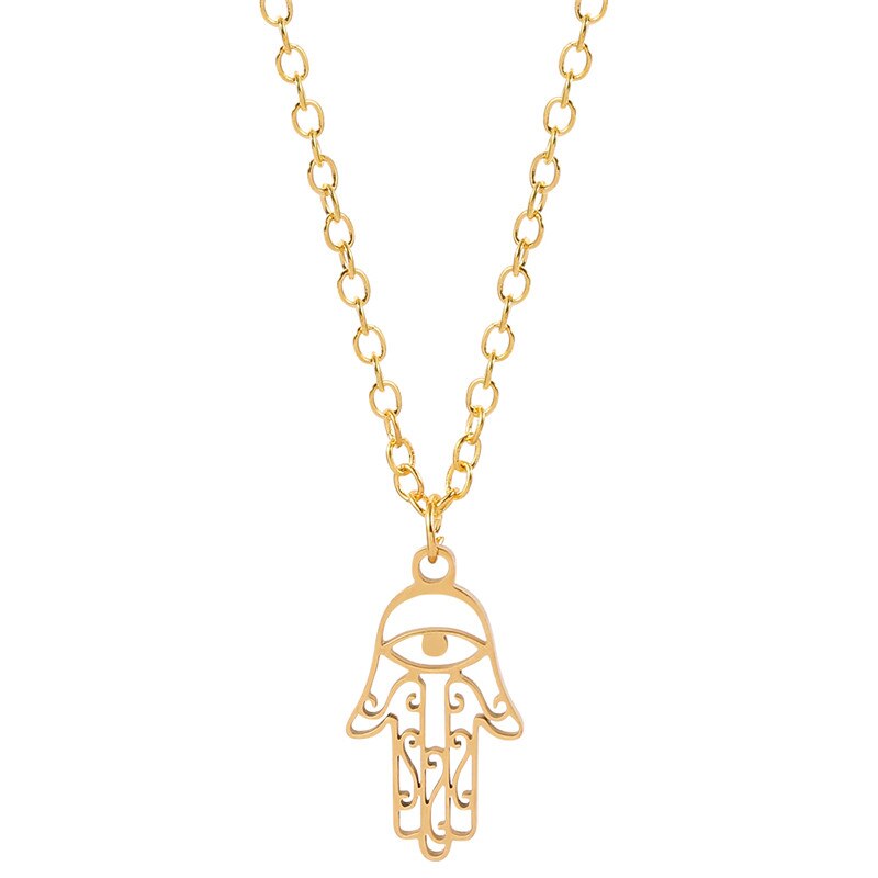 Turkish Evil Eye Hamsa Hand of Fatima Pendant Necklace Gold Stainless Steel Hollow Pendant & Chain Hip Hop Women/Men Jewelry: Gold-color