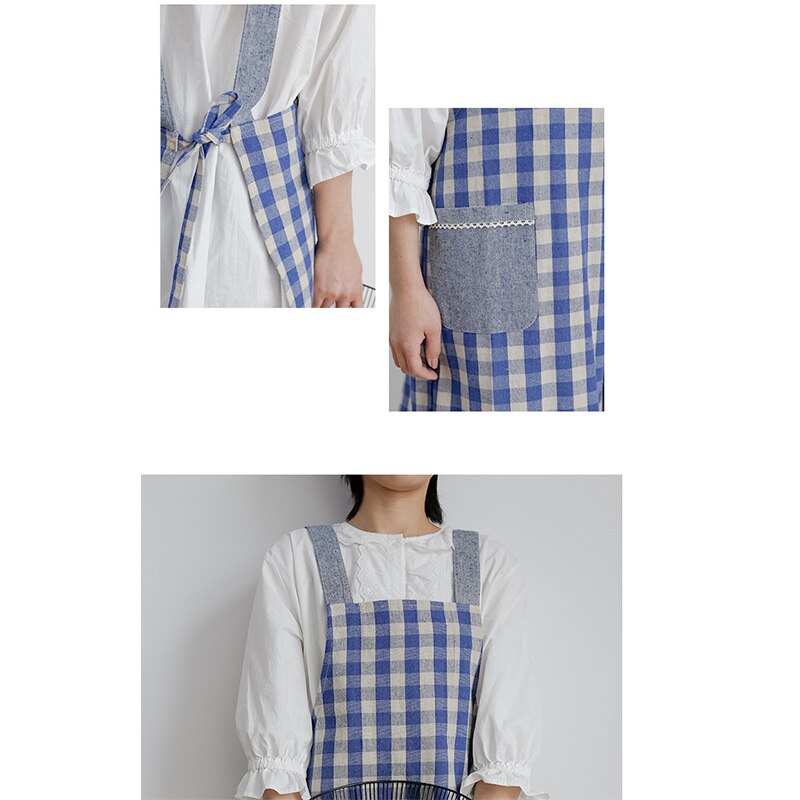 Japanse Stijl Katoen En Linnen Band Denim Rooster Geometrische Patroon Mouwloze Schort Volwassen Keuken Hand-Vegen Pocket Plaid