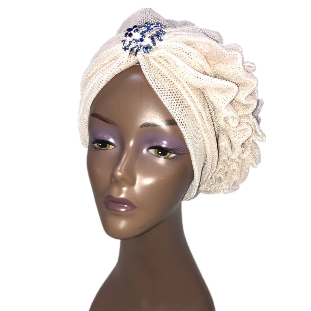 Blue Aso Oke Gele African Headtie Already Made Gele Head Wrap Ladies Hat auto headtie Muslim aso oke gele-: 4