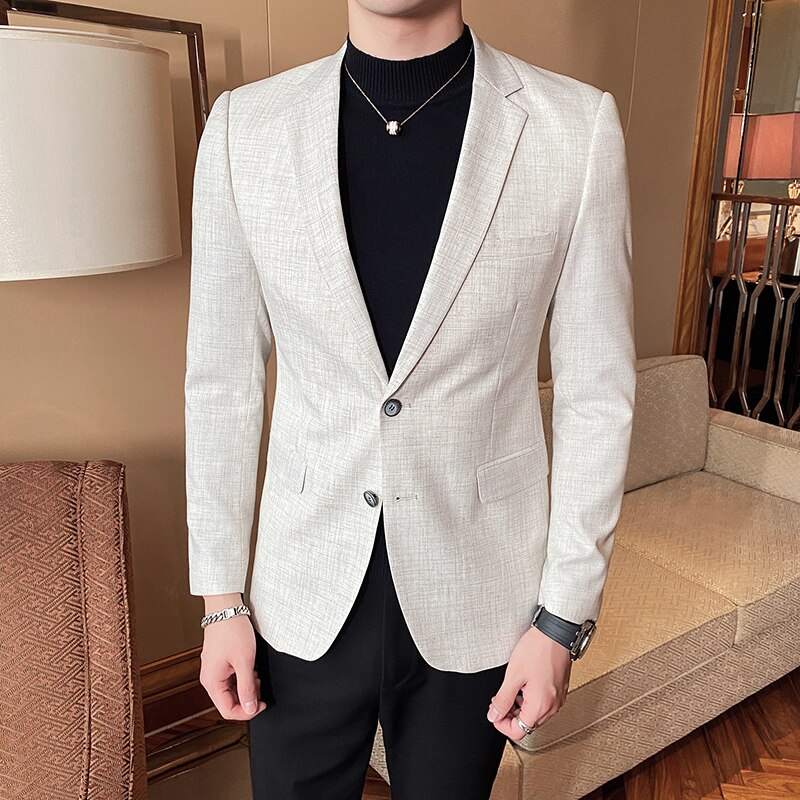 Mens Slim Fit Blazer Business Casual Blazer Suit Jacket Spring Luxury Beige Club DJ Stage Clothers Terno Masculino