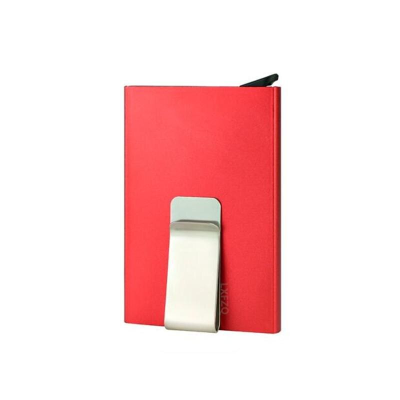 Mannen Metalen Kaarthouder Vrouwen Effen Kleur Lederen Aluminium Bank Credit Card Houder Visitekaartje Case Automatische Pop Up Minimalistische: red