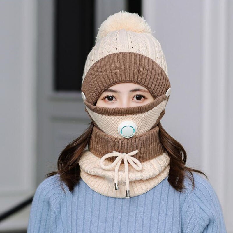 Winter Hoed & Sjaal & Masker Voor Vrouwen Warm Mutsen Ademen Sjaal Pompoms Gebreide Caps En Sjaal Masker 3 stuks/set