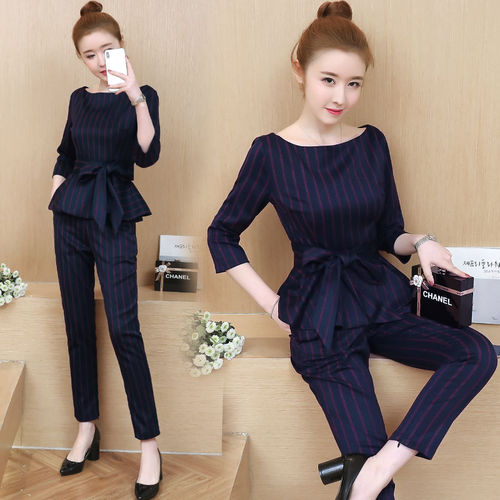 Blue Striped Office Two Piece Set Women Long Sleeve Tops With Belt+pants Trousers Ladies Korean Sets Suits Women's Clothing