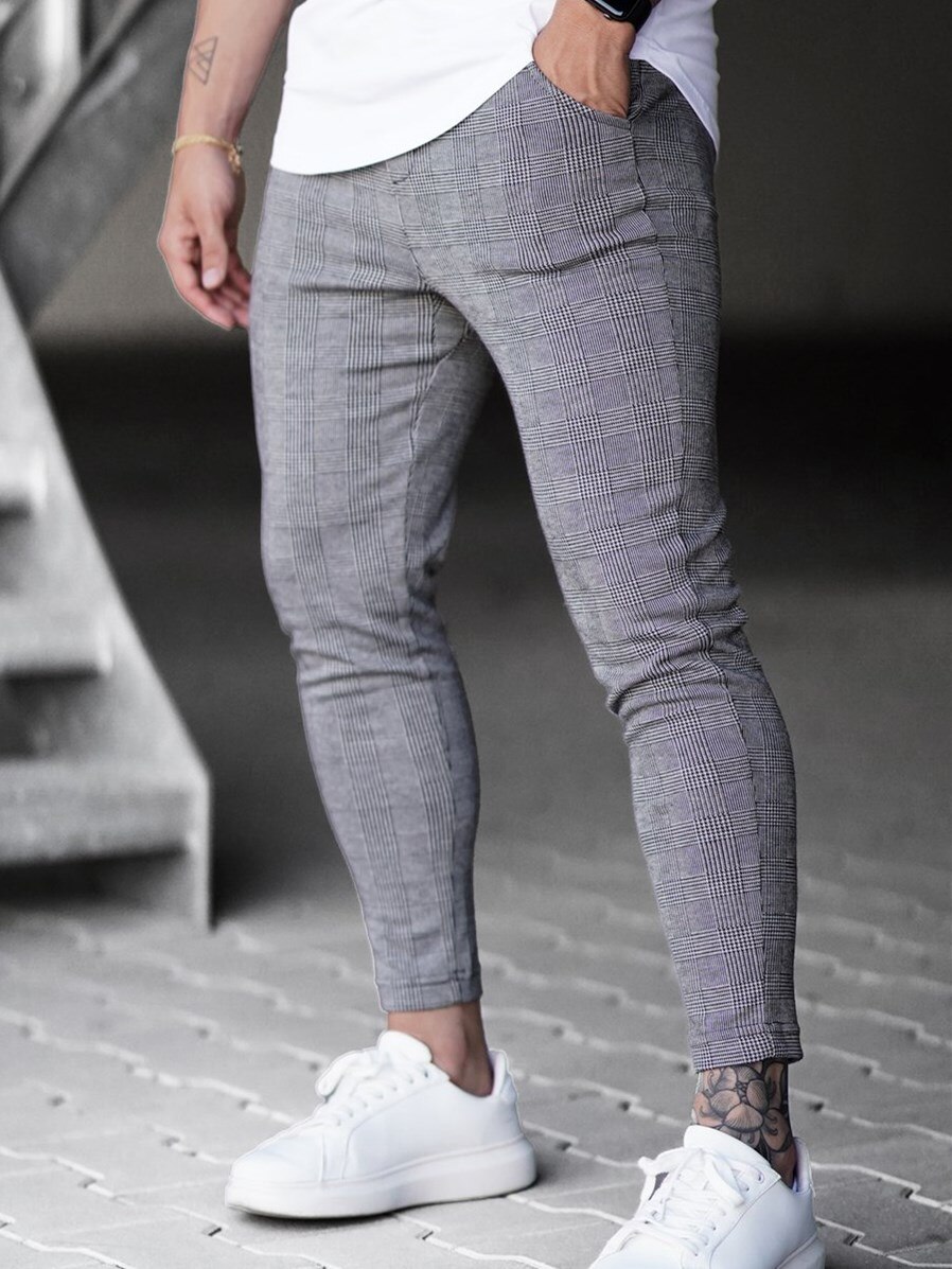 Pantalones deportivos de para hombres, pantalones de pitillo de cintura alta a cuadros para niños para primavera y otoño: XL / Gris