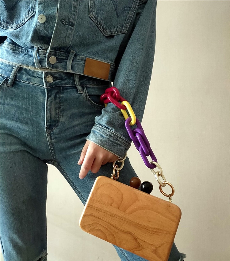 lente en zomer hout serie kraal vierkante doos schoudertas diagonaal hout avond clutch handtas