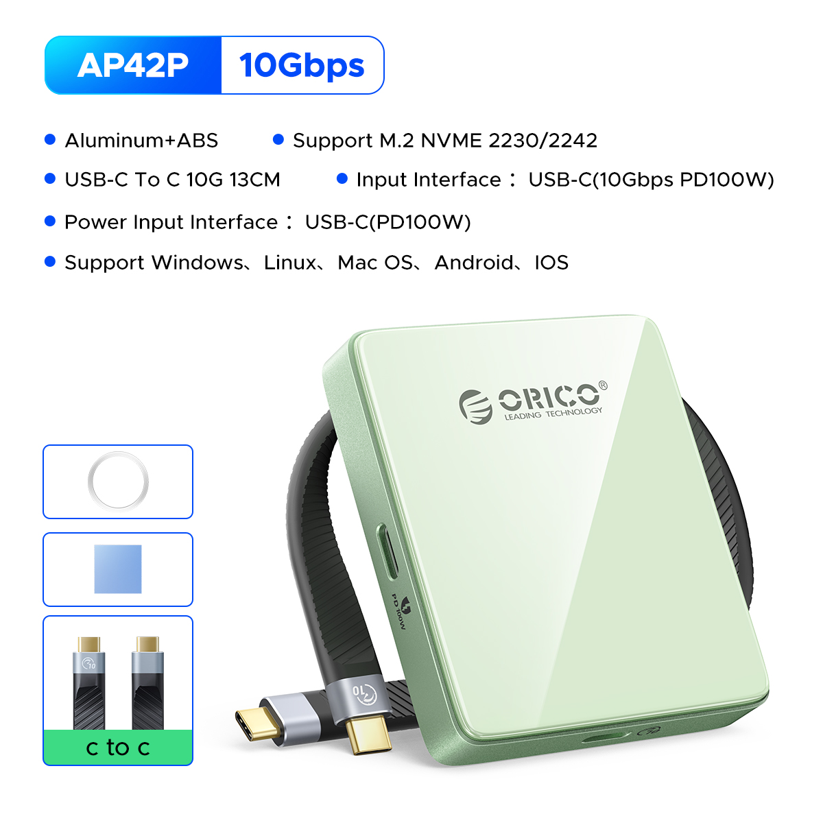 Orico magnetic 2230 2242 m.2 ssd enclosure 10 gbps type-c  m2 pcie nvme ssd enclosure tf  pd 100 w external adapter for iphone: Black