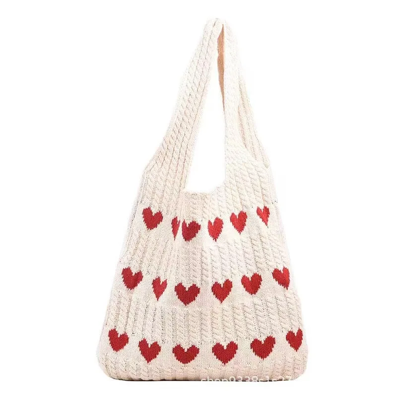 1PC Gebreide Tas Dames Zomer Handgemaakte Wollen Gebreide Onderarm Gebreide Tas Liefde Schoudertas: WHITE