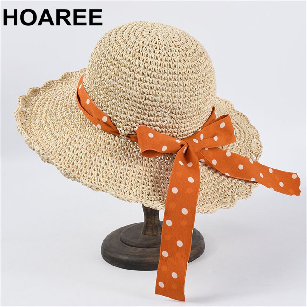 Hoaree zonnehoed voor dames zomer stro opvouwbaar brede rand stippen strik dames vintage mooi merk casual strandpet
