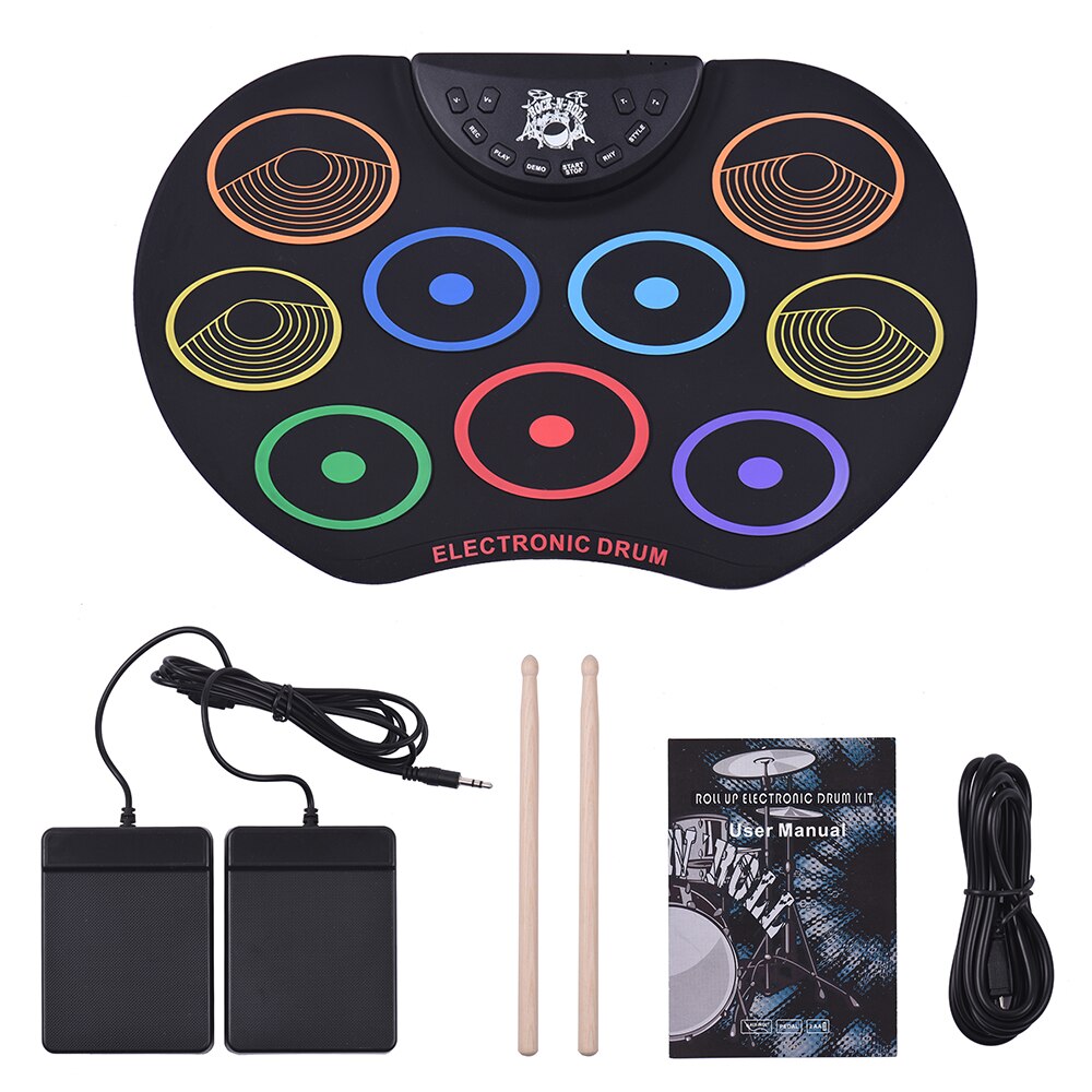 Elektronisch drumstel oprolbaar drumstel 9 siliconen drumpads usb/batterijgevoed met drumstokken voetpedalen voor kinderen