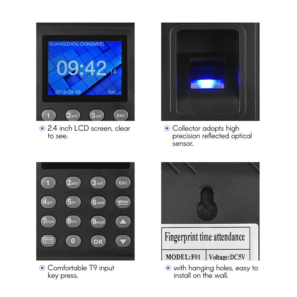 Intelligent Biometric Fingerprint Password Attendance Machine Employee Checking-in Recorder 2.4 inch TFT LCD Screen DC 5V Time