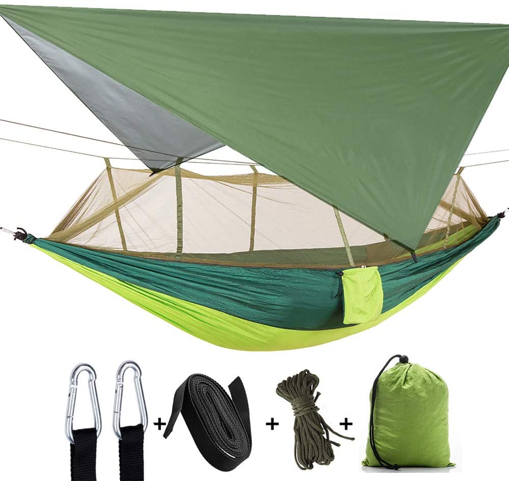 Hamaca para acampar con lona de mosca de lluvia y mosquitera, tienda de campaña con correas de árbol, impermeable, ligero, de nailon, portátil, conjunto Rainfly: Verde claro