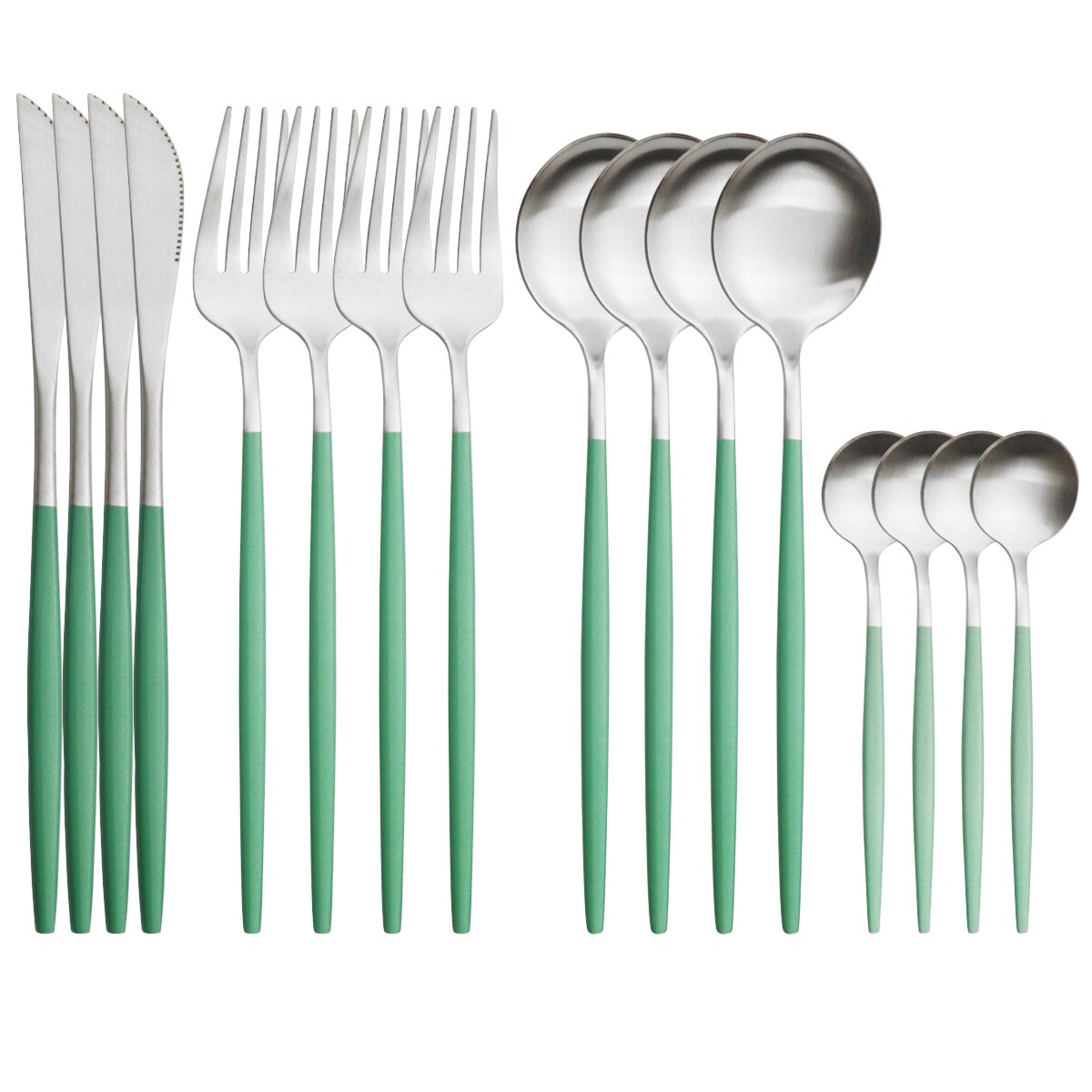 4Set/16Pcs Red Gold Dinnerware Cutlery Set Western Knives Fork Tea Spoon Dinner Tableware Stainless Steel Kitchen Silverware Set: Green Silver