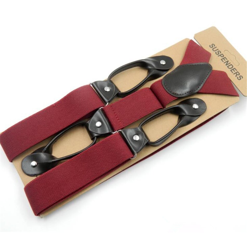 Button Khaki Suspenders Wide Men&#39;S Braces Leather Vintage Pants Strap Belt For Trouser Solid Navy Gray Burgundy Brown 120*3.5cm: Burgundy