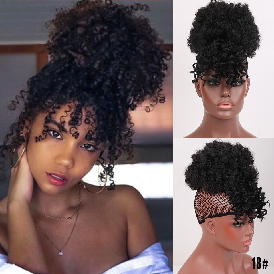 LUPU Synthetic Hair Bun High Puff Afro Kinky Curly Chignon Clip In Hair Extension Drawstring Ponytail With Bangs Heat Resistant: 1B