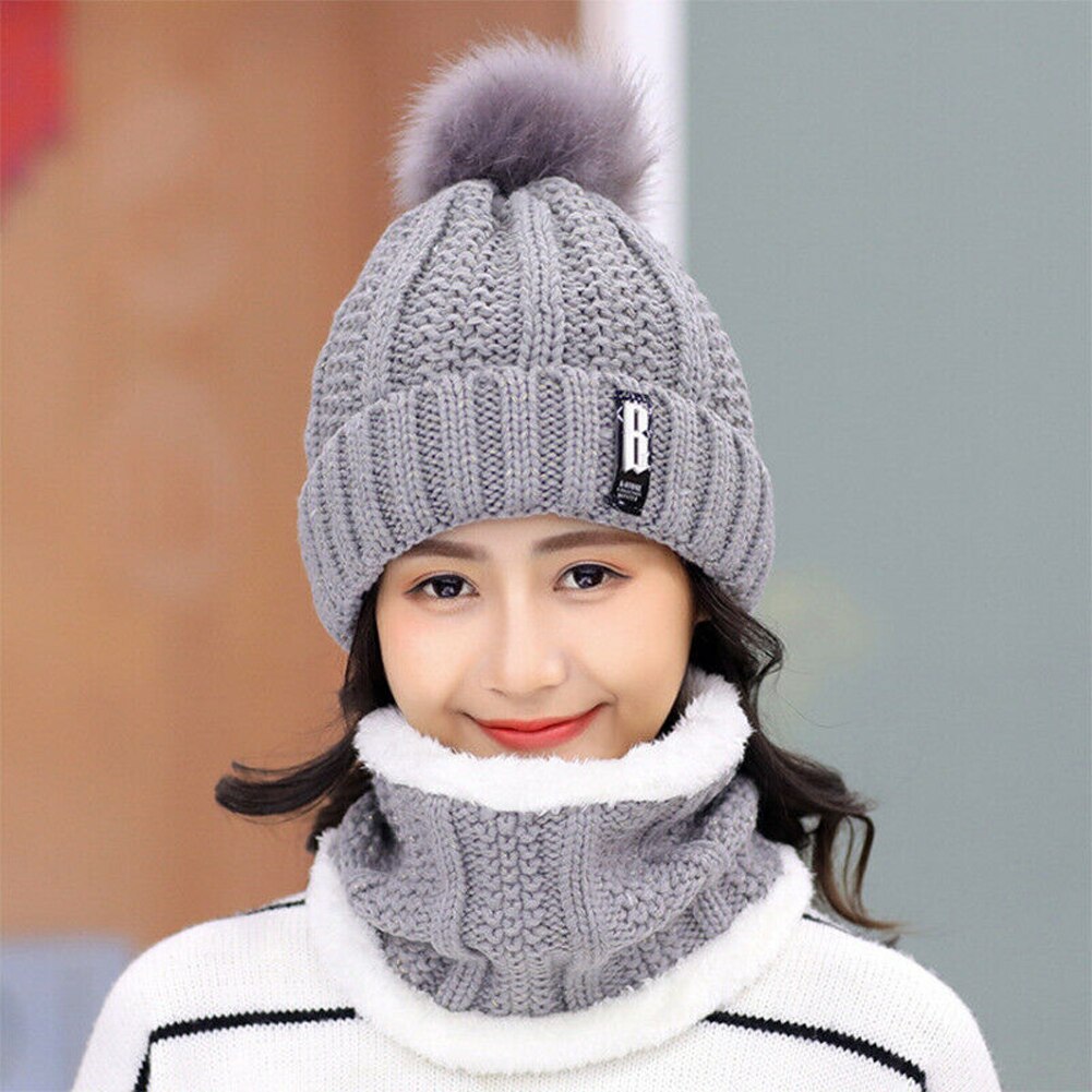 2 Stuk Set Winter Wol Hoed Mutsen Vrouwen Hoed Sjaal Masker Warm Ademend Wol Gebreide Hoed Voor Vrouwen bescherming Caps: GY