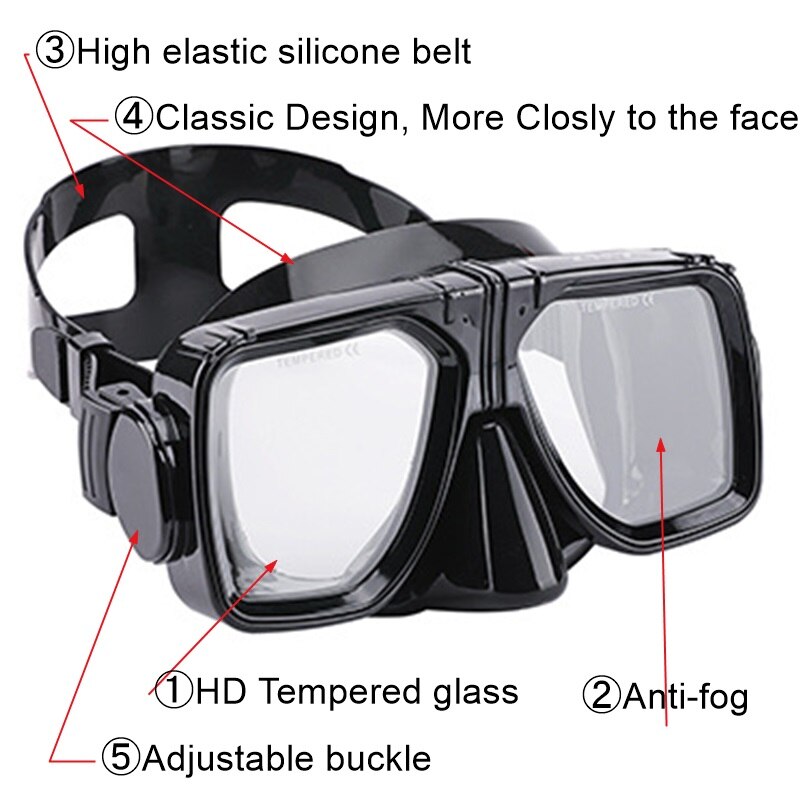 Duiken Masker Zwart Onderwater Duikbril Freediving Goggles Gehard Bril Antifog Met Verstelbare Riem