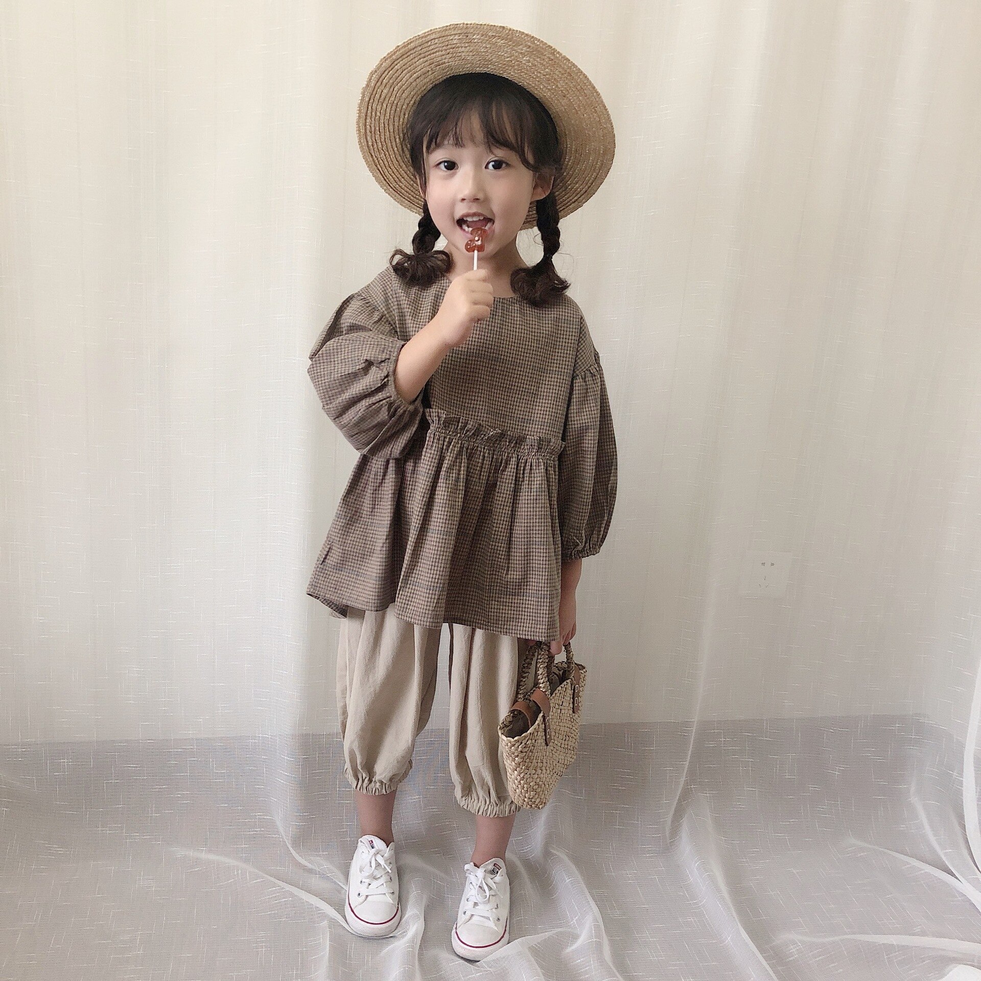 Lente En Zomer Japanse Katoen Plaid Trui Tops Meisjes Blouse