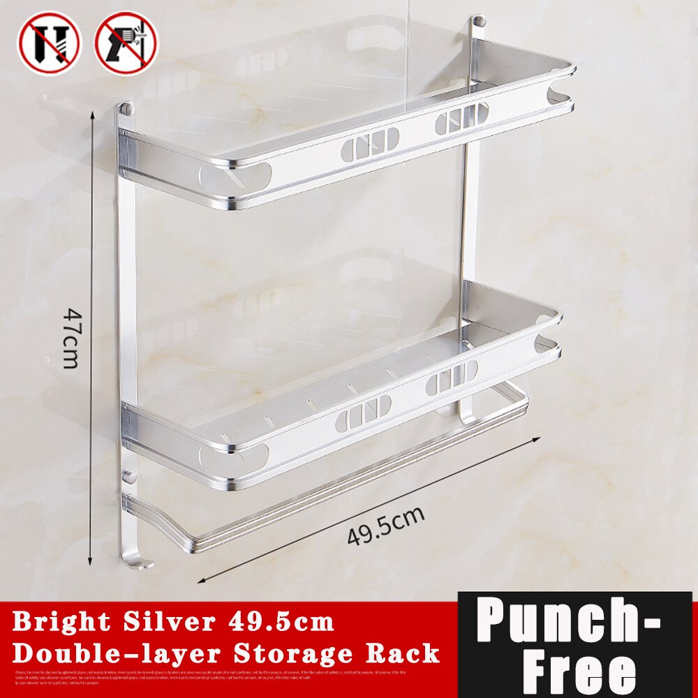 Punch-Free For Bathroom Accessories Space Aluminum Black Multifunctional Single And Double Layer Storage Rack Shower Shelves: Silver 2 Floor 50cm