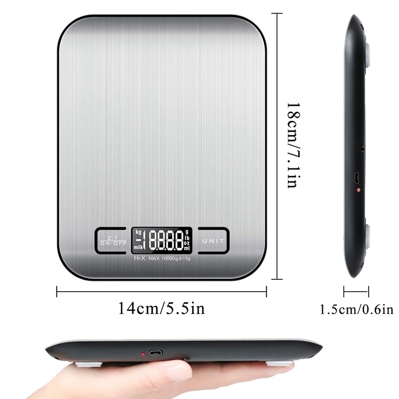 Digitale kjøkkenvekter ,10kg /1g matvekter, rustfrie stålvakter med oppladbar usb, bakgrunnsbelyst lcd-skjerm