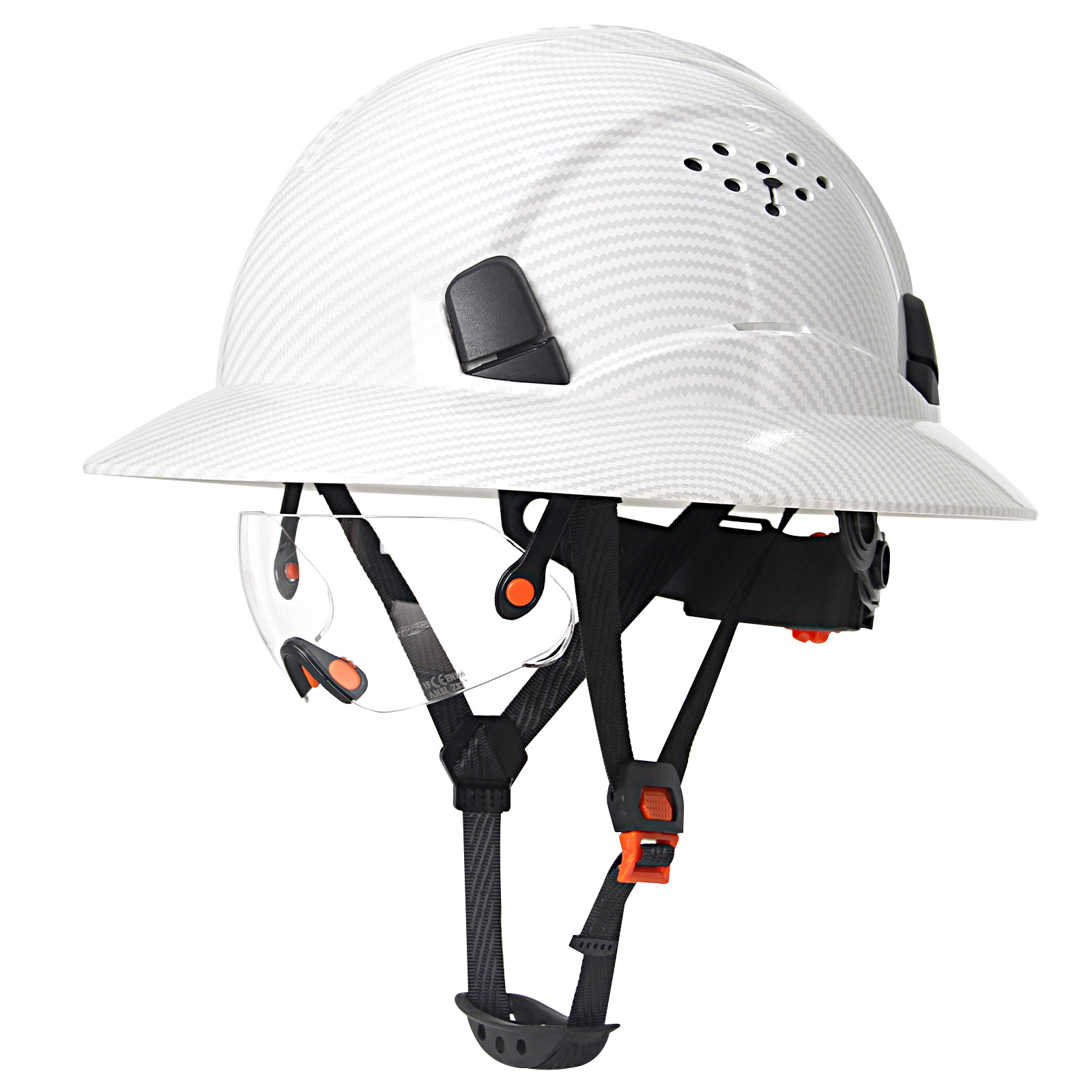 Capacete de segurança ce em fibra de carbono com aba completa e óculos de proteção, construção anticolisão, capacete de segurança ansi para engenheiros, boné de trabalho respirável.: Vermelho