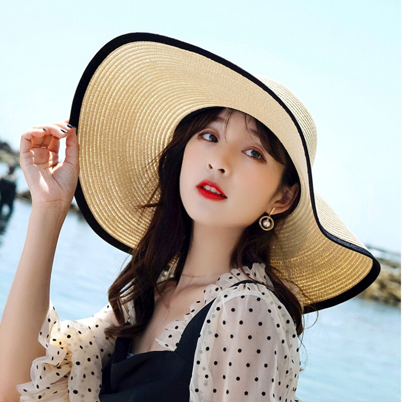 HT3074 Grote Grote Brede Rand Hoed Vrouwen Solid Zomer Zonnehoed Dames Packable Floppy Strooien Hoed Vrouwen Strand Cap Vrouwelijke koepel Strand Hoed