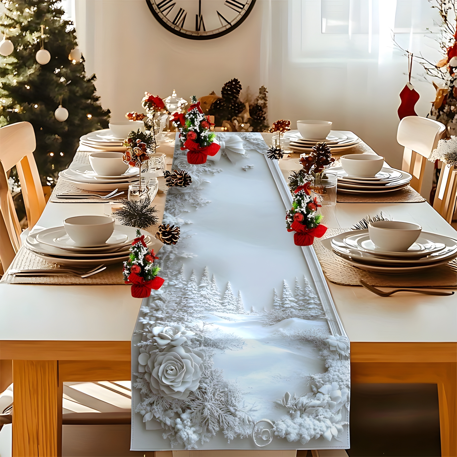 1pc juldukar med snöig skog och blommiga blad, snöig skog med tallar, rosor och bär, polyesterduk