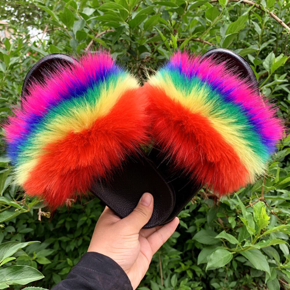 Imitatie Vossenbont Slippers Faux Furry Fluffy Slippers Vrouwen Slides Sandalen Indoor Schoenen Voor Vrouwelijke Slip Op Slippers d30: Rainbow Colors / US 6-7
