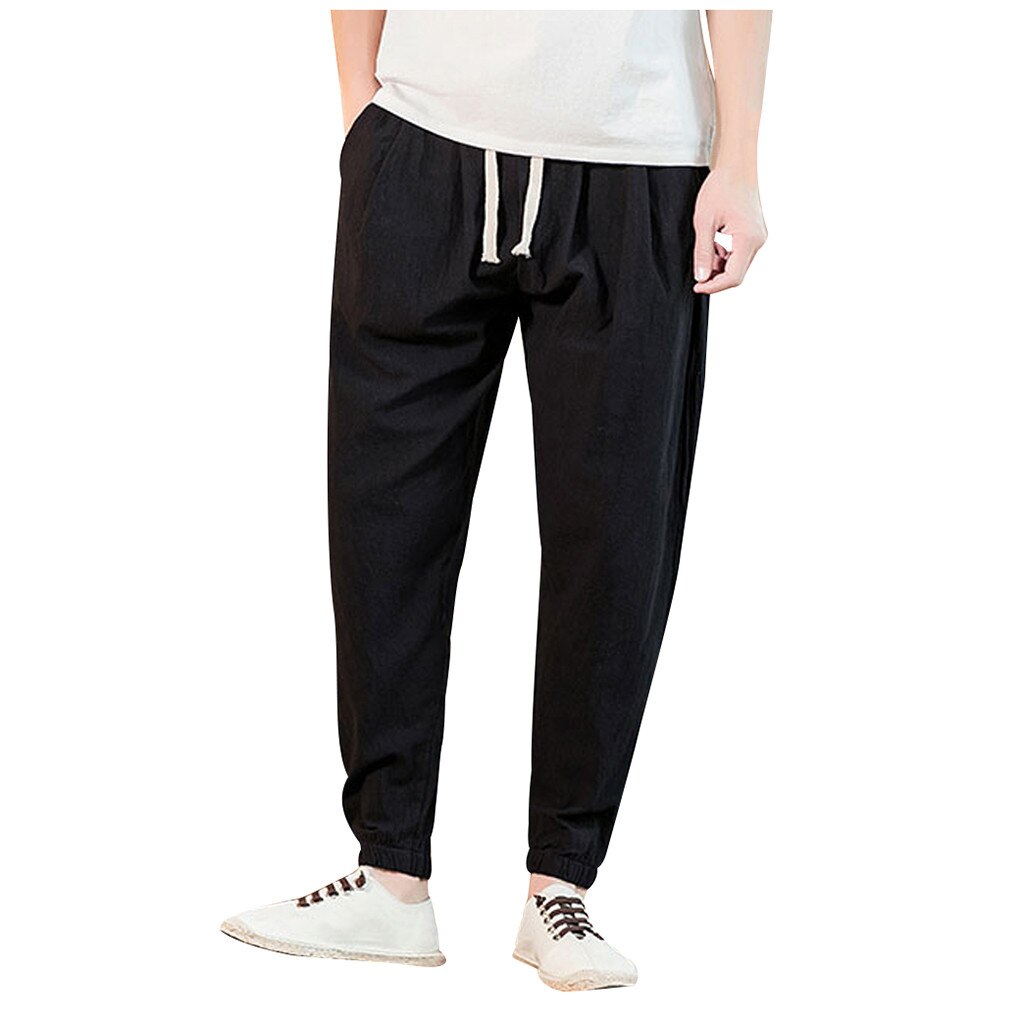 Loose Linen Pants Men Summer mens trousers solid casual wide leg pants chinese comfortable: Black / M