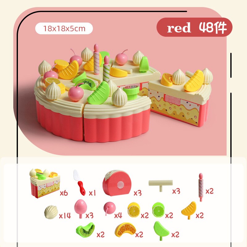 53pcs/lot Children Pretend Role Play House Toy Cutting Fruit Plastic Vegetables Food Kitchen Baby Classic Kids Educational Toys: Cake 48 pieces-red