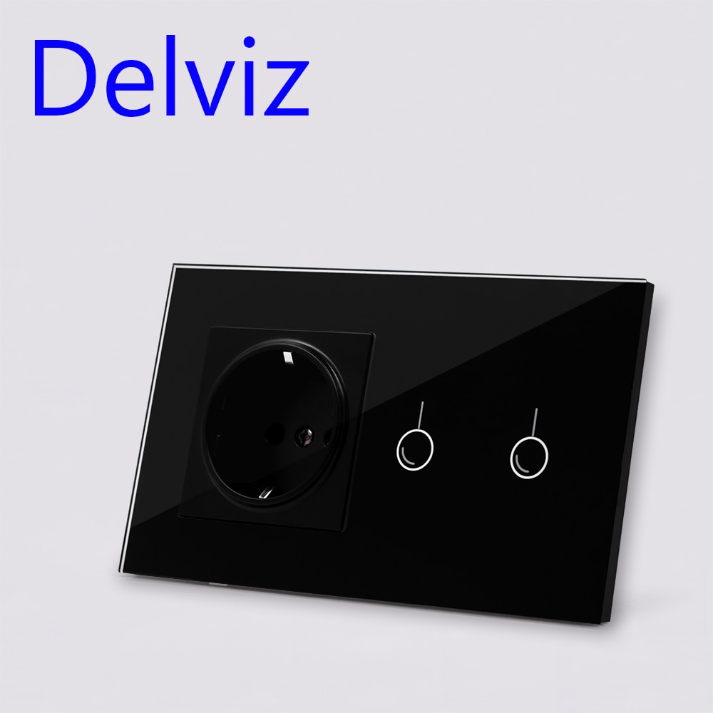 Delviz EU Standard Wall Switch Socket, 2Gangs 1Way/2Way,Model 146,mains jack,Home Touch Screen Light Switch, Crystal Glass Panel