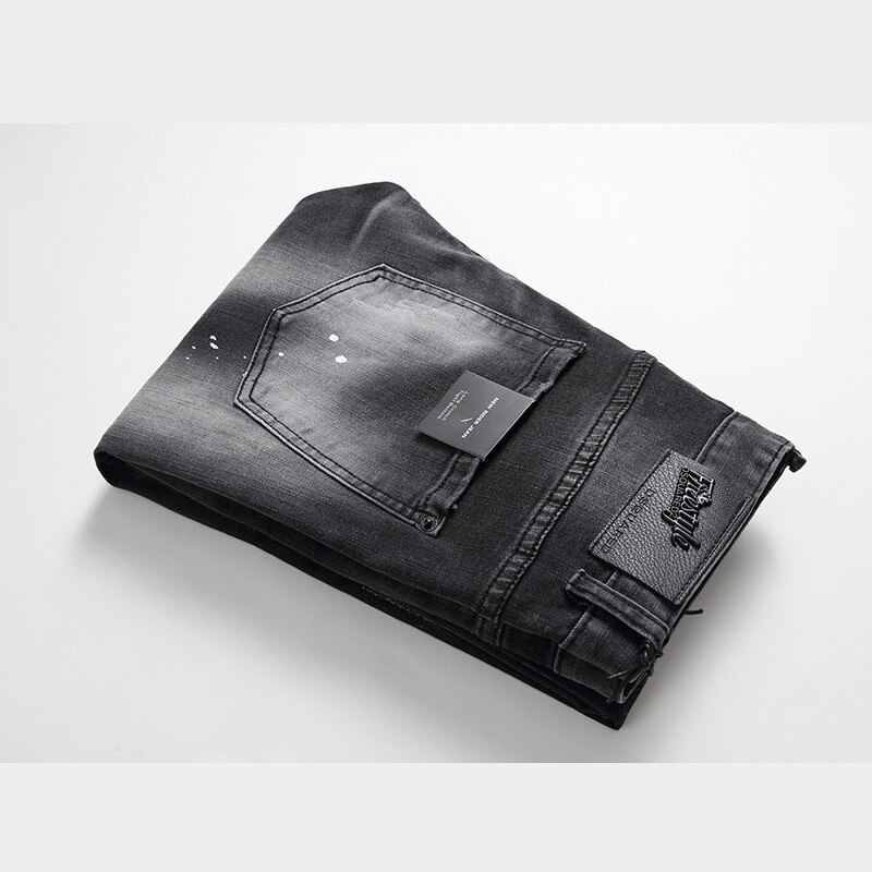 Jean déchiré avec icône de peinture noire pour hommes, 2022, fermeture éclair sauvage, décoration, personnalité, 1056