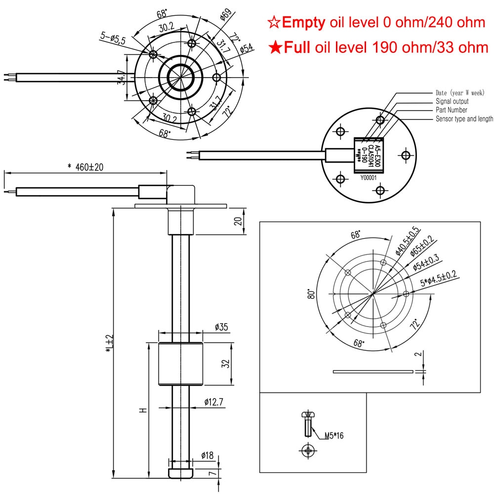 Olje væske tank drivstoff vannnivå sensor båt drivstoff sende enhet marine lastebil bil rv måler sensor 0-190 ohm rustfritt stål 300mm