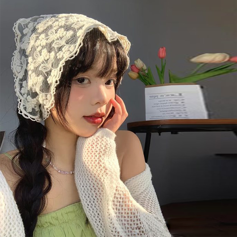 Franse beige bloemenkanten hoofddoek, lief en schattig, landelijke stijl, sjaal voor lente, zomer, kust, bos, foto's, hoofddeksel voor meisjes