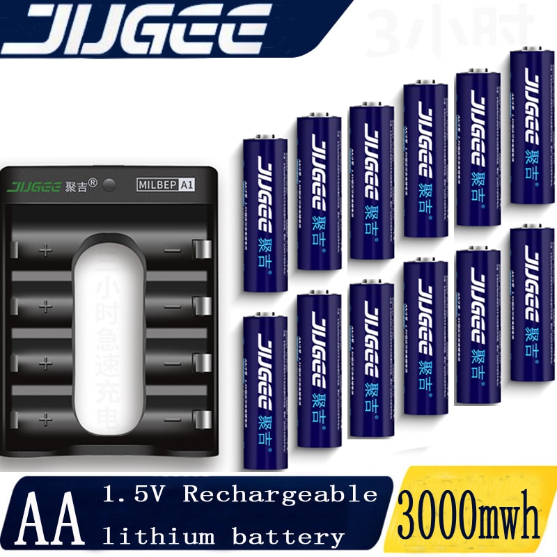 Jugee Aa 1.5V 3000mWh Lithium Li-Ion Oplaadbare Batterij + 4 Kanaals Lithium Polymeer Batterij Accu Oplader