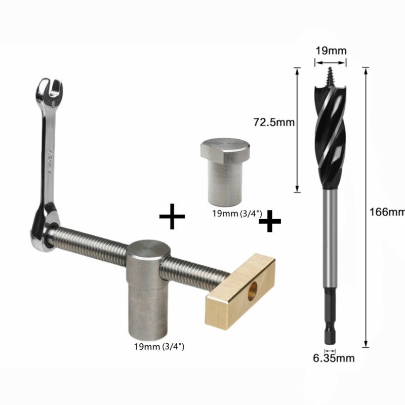 Houtbewerking Desktop Clip Snelle Vaste Klem Messing Armatuur Vise En Holing Boor Voor 19/20Mm Hond Gat joinery Werkbanken Gereedschap: 3pc 19mm