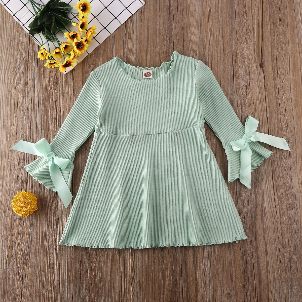Baby Spring Autumn Clothing Toddler Baby Girl Princess Pageant Party Flare Long Sleeve Dress Ribbed Bow Solid Dresses