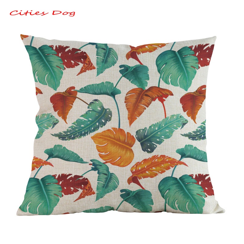 Cojín con de hojas de plantas tropicales, cojines decorativos para kussenhoes, funda de almohada de lino: E