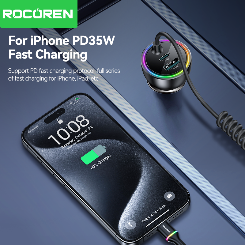 Rocoren 70w usb c carregador de carro com cabo de carregamento de mola tipo c adaptador de carregador rápido de carro para iphone 16 15 xiaomi
