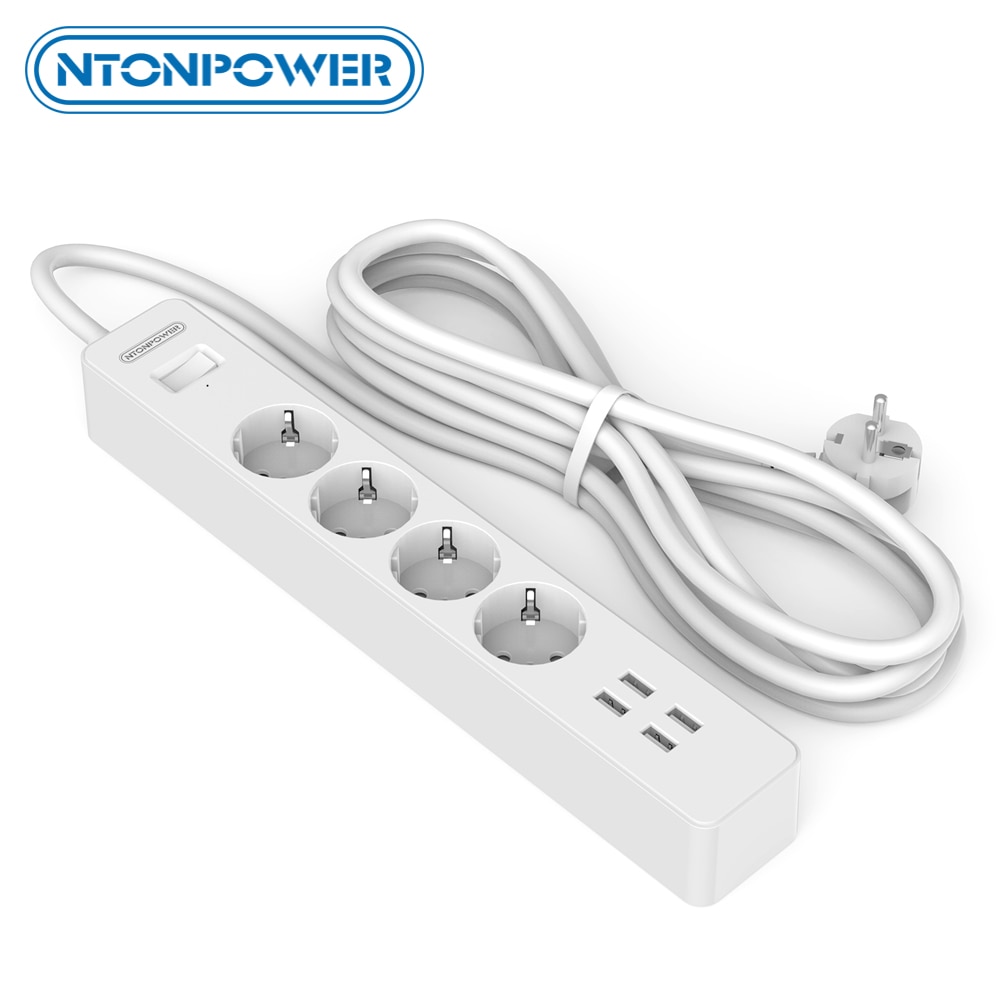 NTONPOWER Smart Power Strip - 4000W Surge Protector, 4 AC Outlets, 4 USB Ports, 2.5m Cord, EU Plug