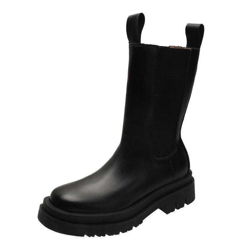 2020 botas femininas de couro marca outono inverno quente botas curtas sapatos de plataforma à prova dwaterproof água antiderrapante meados de bezerro botas mujer: Black / 35