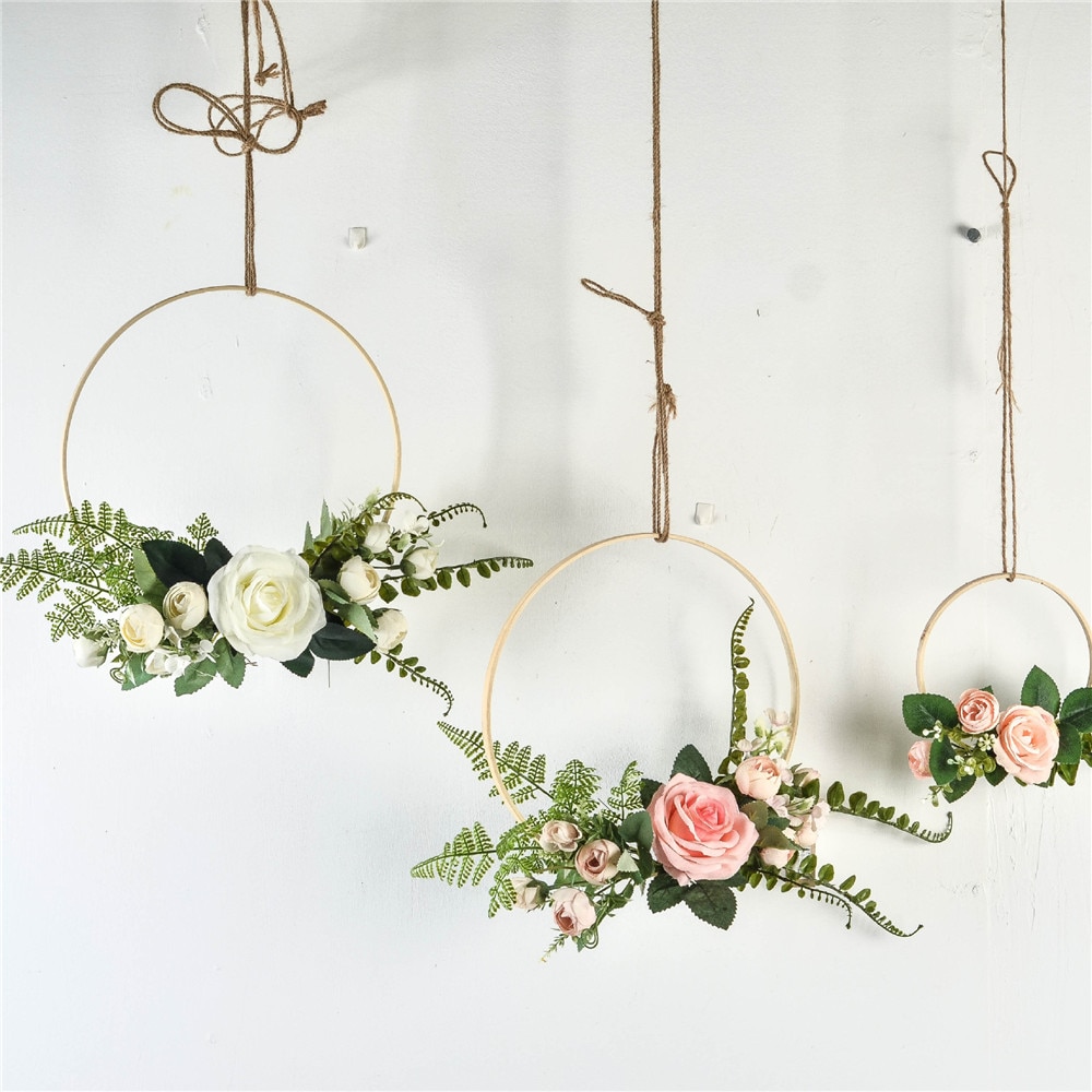 Cilected Hydrangea Eucalyptus Garland Wooden Wall Hanging Decoration Artificial Flower Garland Hoop Wreath For Wedding Backdrop