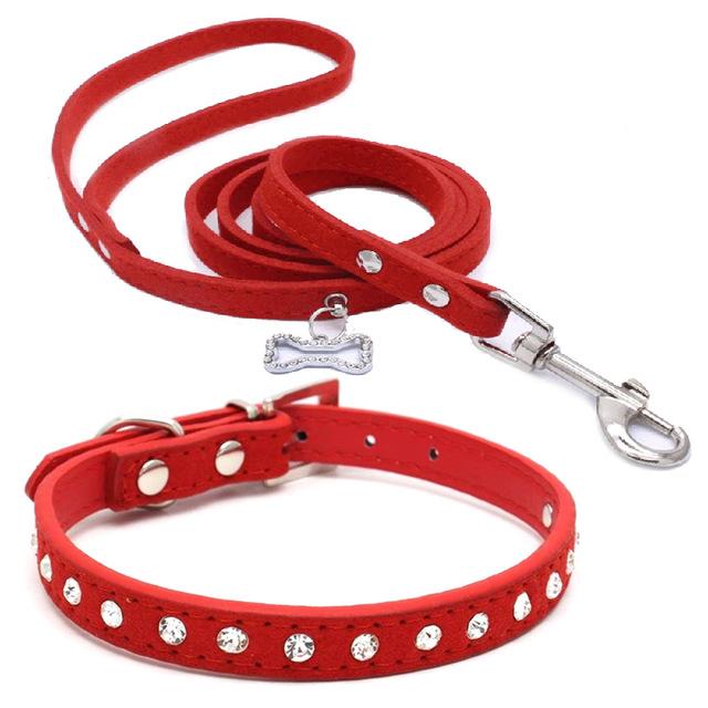 Rhinestone Pet Collar Leash For Small Dogs Adjustable Suede Leather Puppy Cat Walking Leads Outdoor Necklace Leashes Set: Red / M