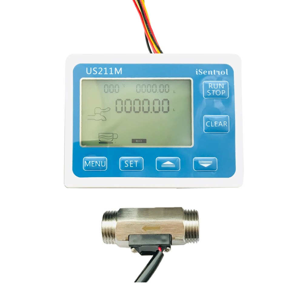 Water Set US211M Digital Water Flow Meter with SUS304 Stainless Steel USS-HS21TH 1-30L/min Hall Water Flow Sensor Reader